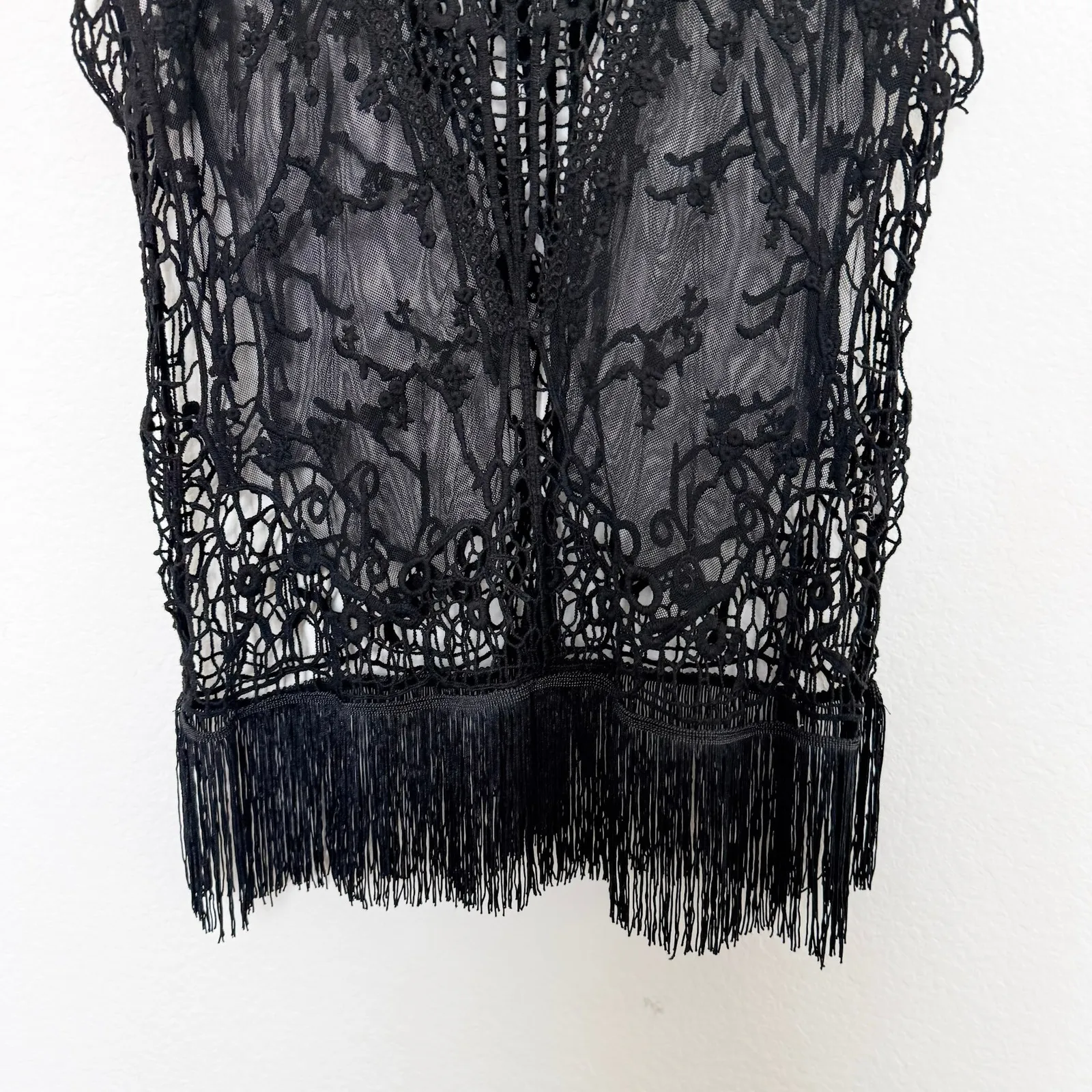 Y2K Womens Crochet Top Black Lace Fringe Sheer Whimsigoth Witchy Fairy Grunge‎ Size L - Image 3