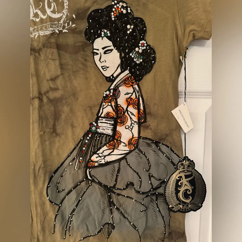 Key Closet Geisha Women’s Army Green Crystal Studded Cotton T Shirt Size Small - Image 7