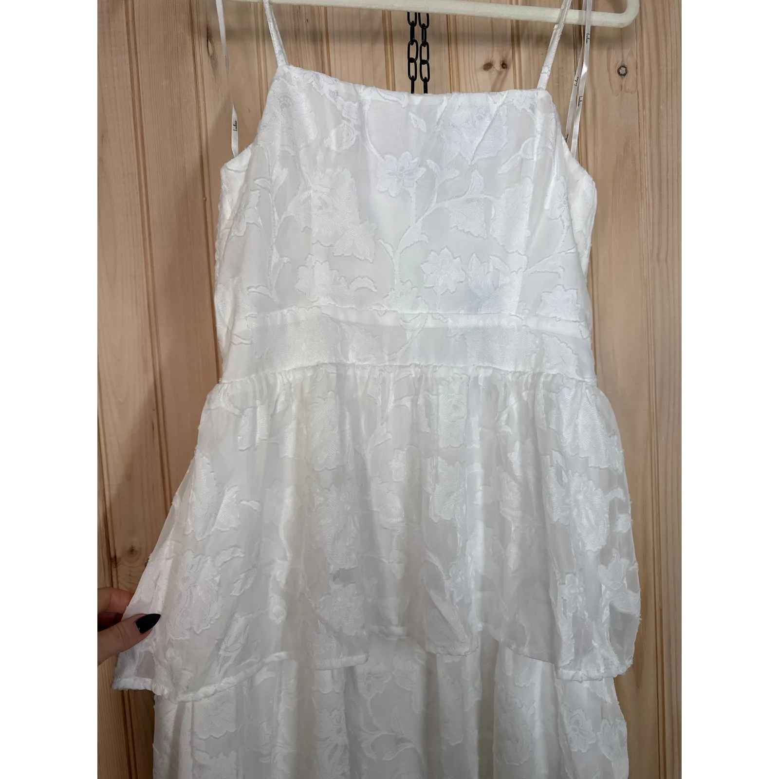 NWT Lulus Grace and Beauty White Burnout Floral Print Tiered Dress Summer Size L - Image 4