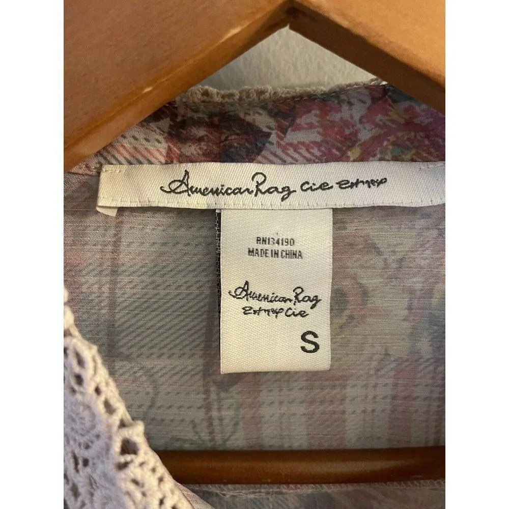 American Rag Cie Womens Top Size Small Collar Lace Floral Tab Sleeve Waist Tie - Image 4