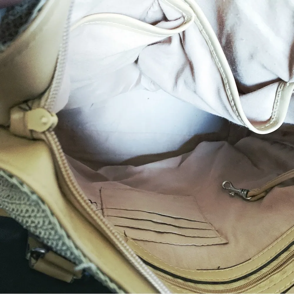 Vintage Tan Striped Woven Nylon Shoulder Hand Bag - Image 1