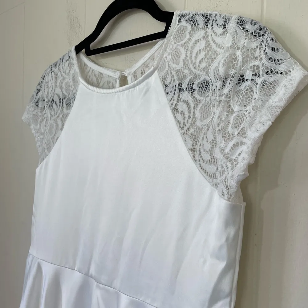 Calvin Klein NEW White Satin Lace Short Sleeve Fit & Flat Dress ~ NWT Size 12.5 - Image 5