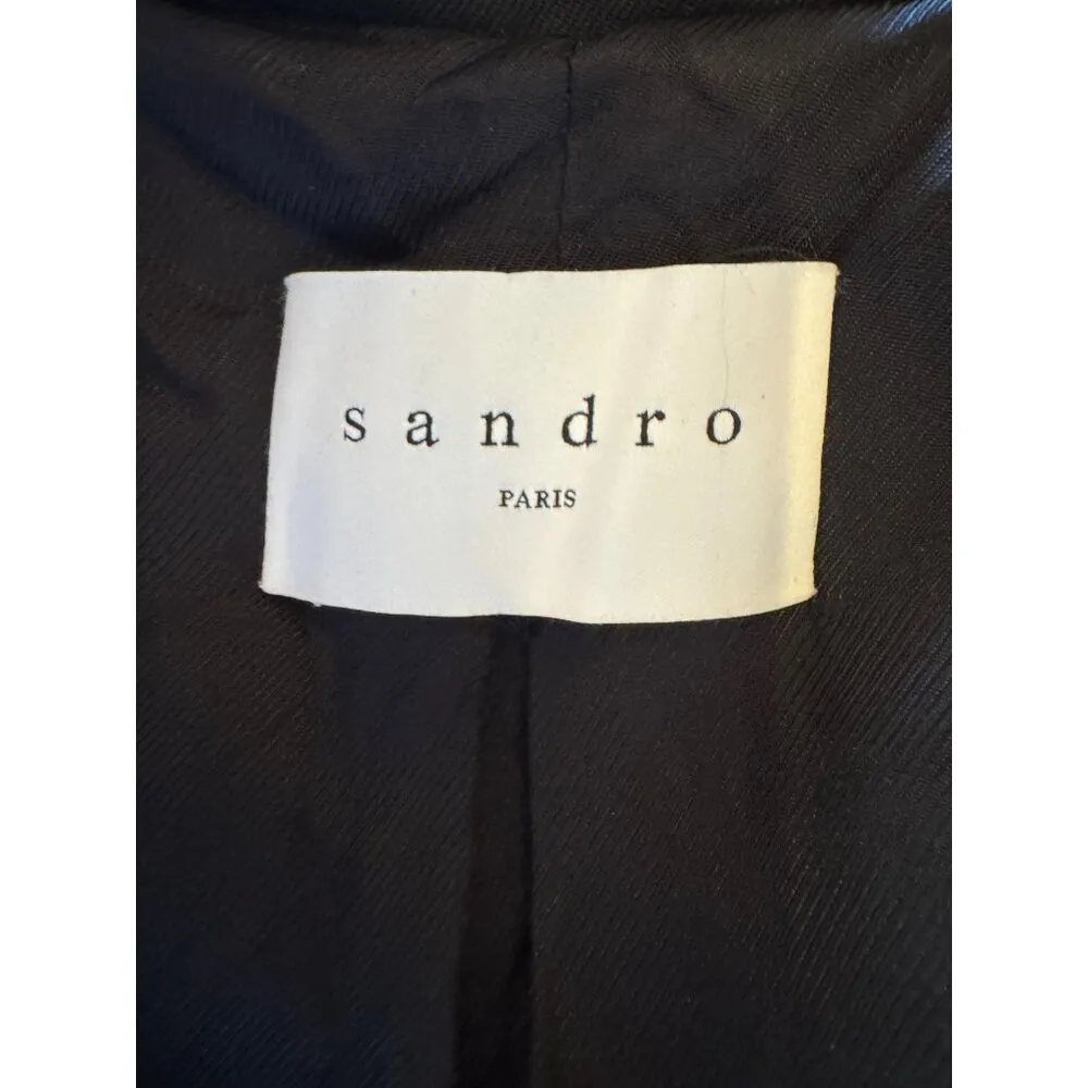 Sandro Coat Women Medium Black Wool Blend Double Breasted Trench Overcoat Luxury - Image 9