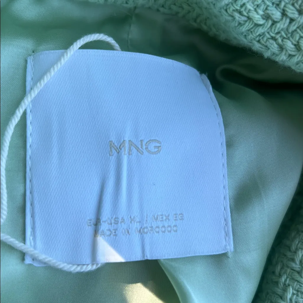 MANGO Tweed Blazer XL Mint Green Fringe Pearl Button - Image 7