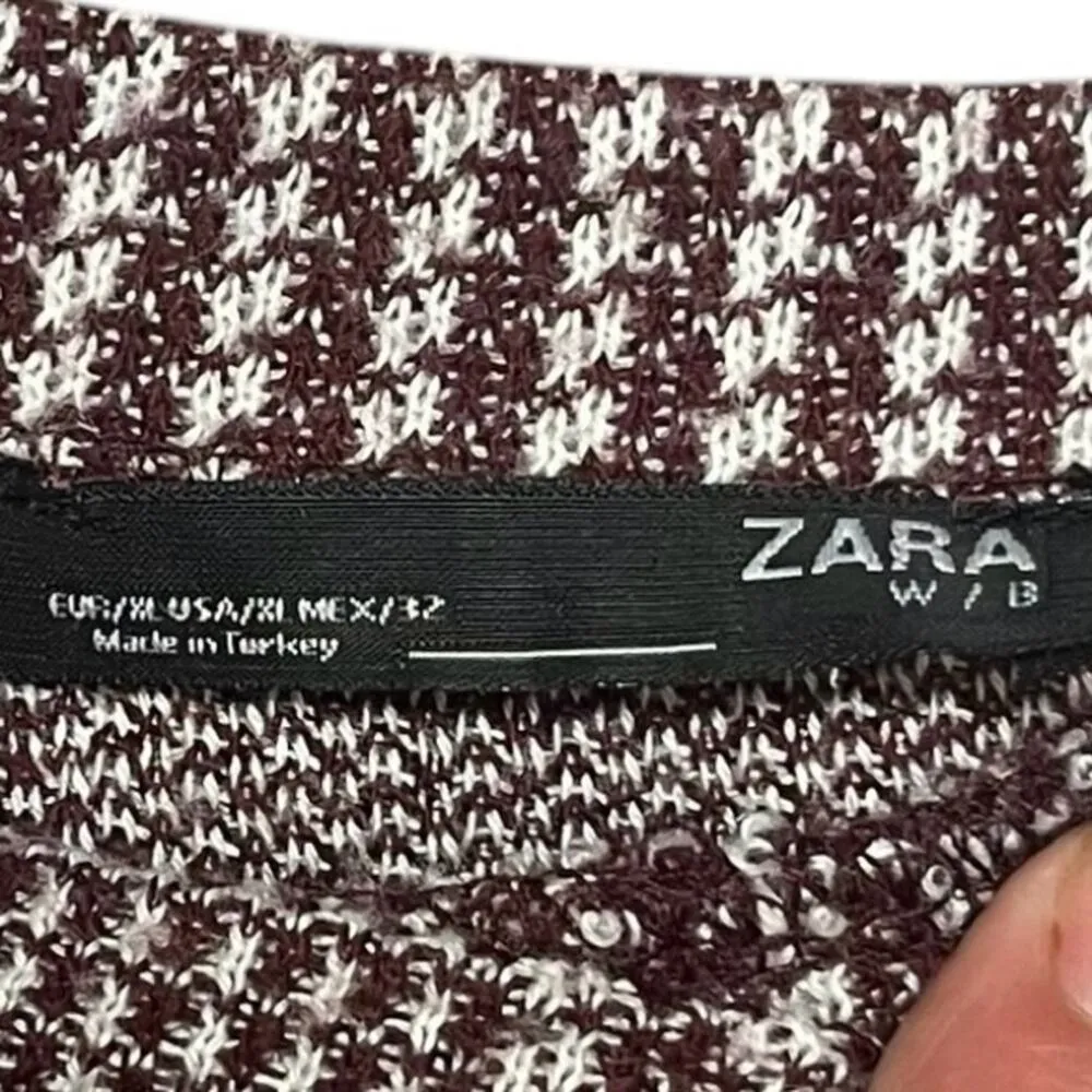 ZARA W/B Womens XL Maroon Cream Boat Neck Long Sleeve Tunic Sweater Basic Lounge - Image 7