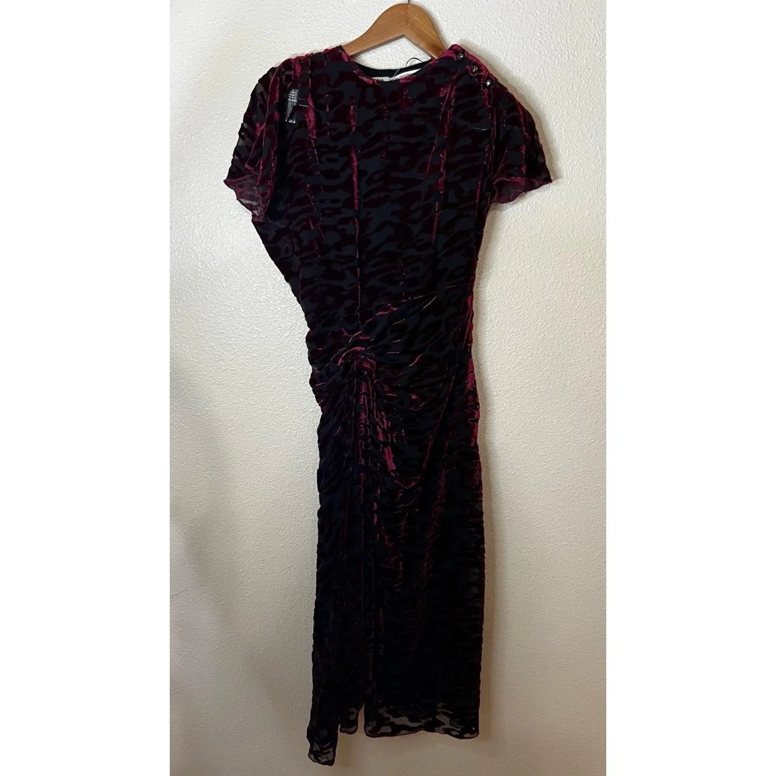 ZARA Womens Midi Dress XS Mulberry Velvet Burnout Ruched Draped Limited Edition - Image 3