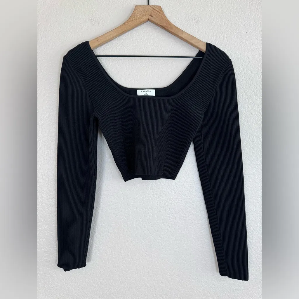 Aritzia Babaton Black Sculpt Knit Square Neck Cropped Long Sleeve Crop Top XS - Image 6