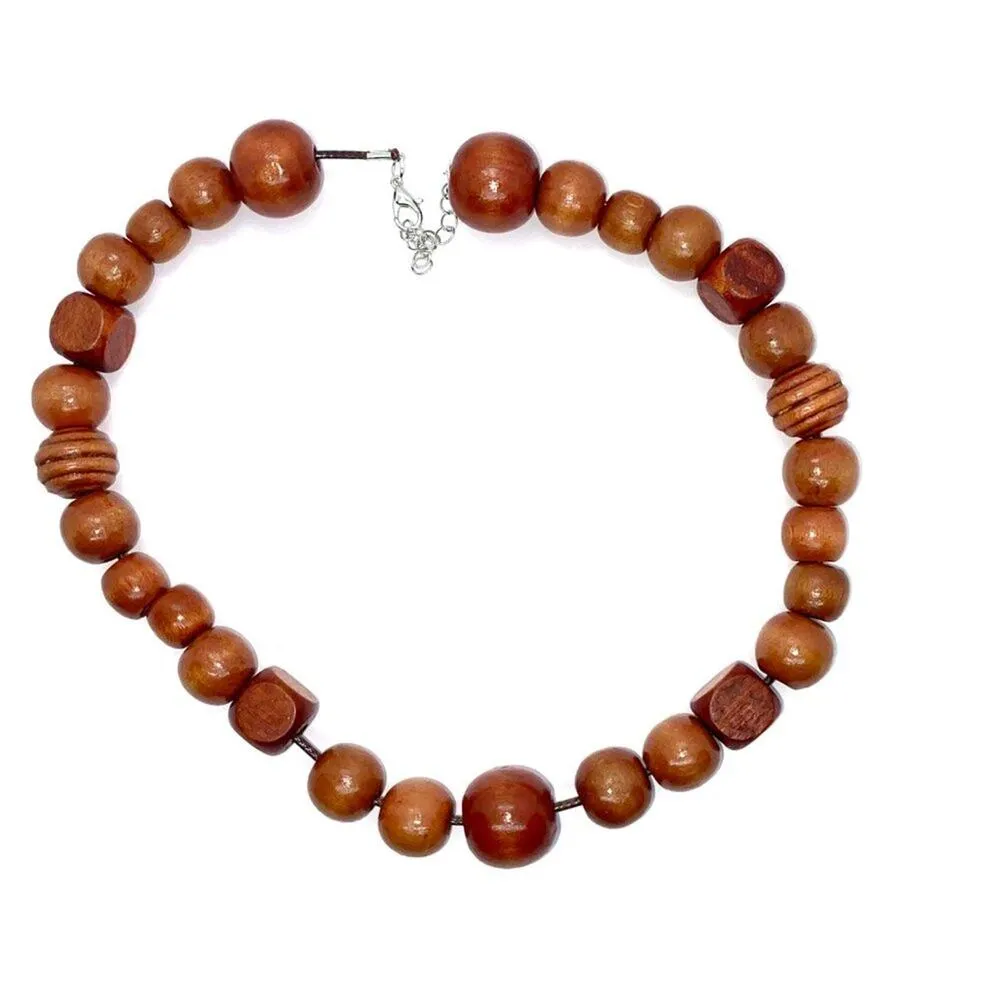 Handmade Wooden Beaded Necklace Cherry-Tone Wood - Image 3