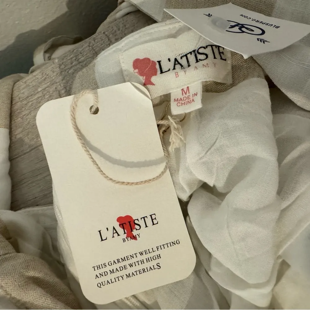 L’Atiste Tan  Striped Sleeveless Jumpsuit Open Back Cotton Linen Wide Leg NWT M - Image 10