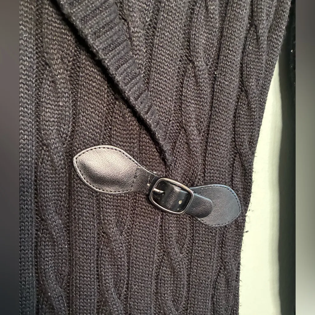 Calvin Klein S Cable Knit Sweater Dress Black 3/4 Sleeve Leather Strap Accent - Image 2