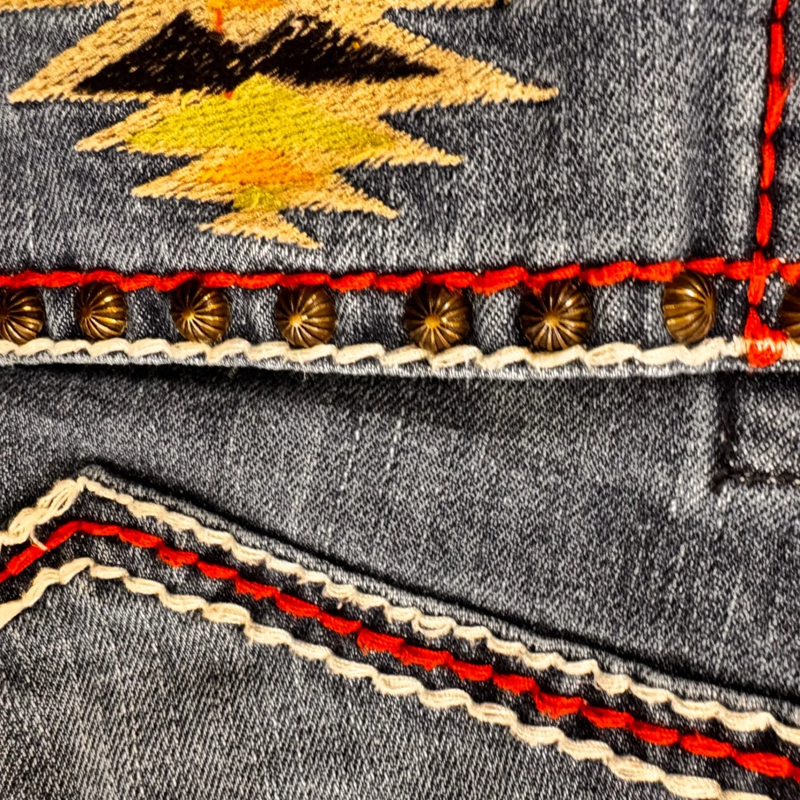Rancho Estancia Denim Shorts Southwestern Embroidered Pockets Women's Sz 26 Boho Blue - Image 10
