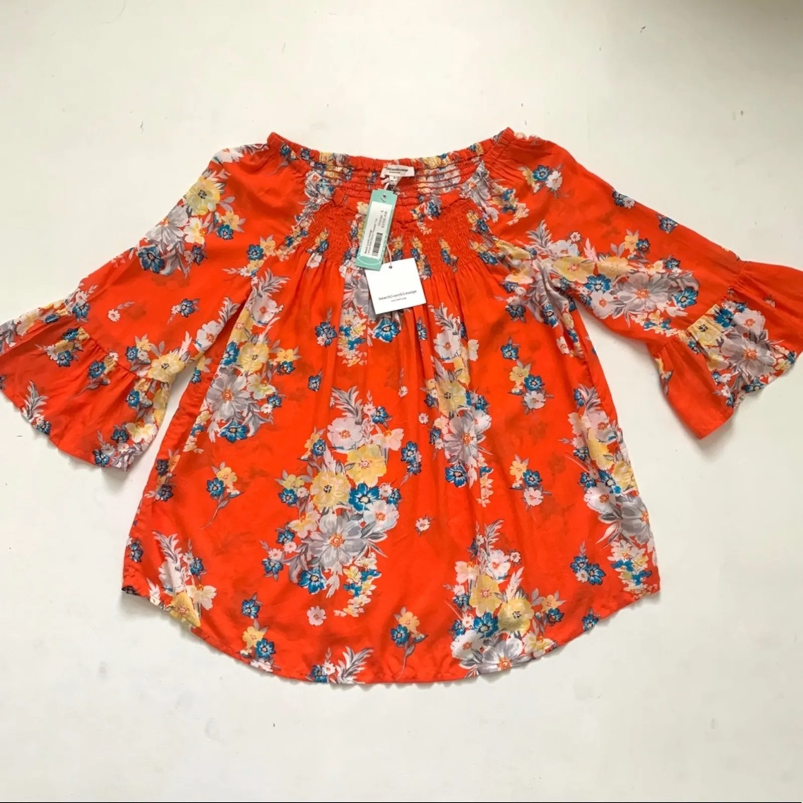 beachlunchlounge Top Blouse Latoya Tangerine Floral 3/4 Bell Sleeve Small NEW - Image 6