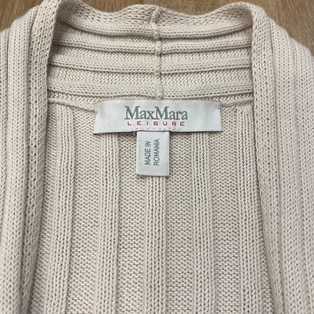 🌟MAX MARA🌟 LEISURE COTTON RIBBED LONG BELTED CARDIGAN BEIGE SZ L - Image 2