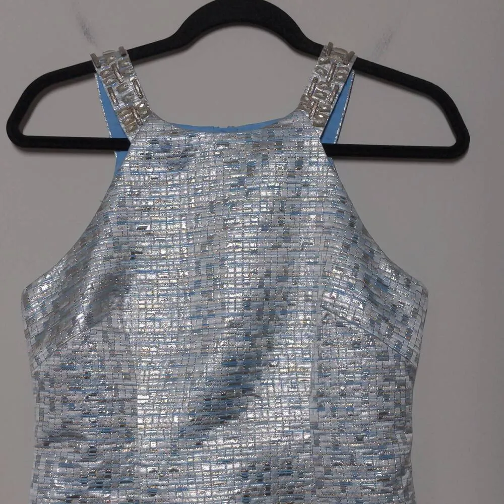 Aidan Aidan Mattox Dress Blue Metallic Embellished Stretch Zip Straps Mini 8 - Image 3