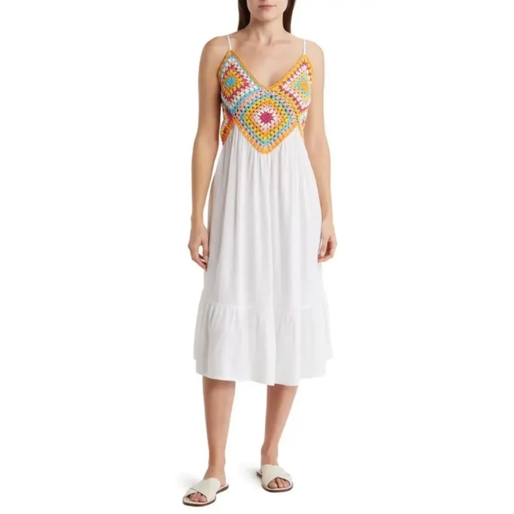 Raviya Crochet Bodice Top Tiered Boho Midi Dress Cover Up White Multi‎ Medium - Image 2