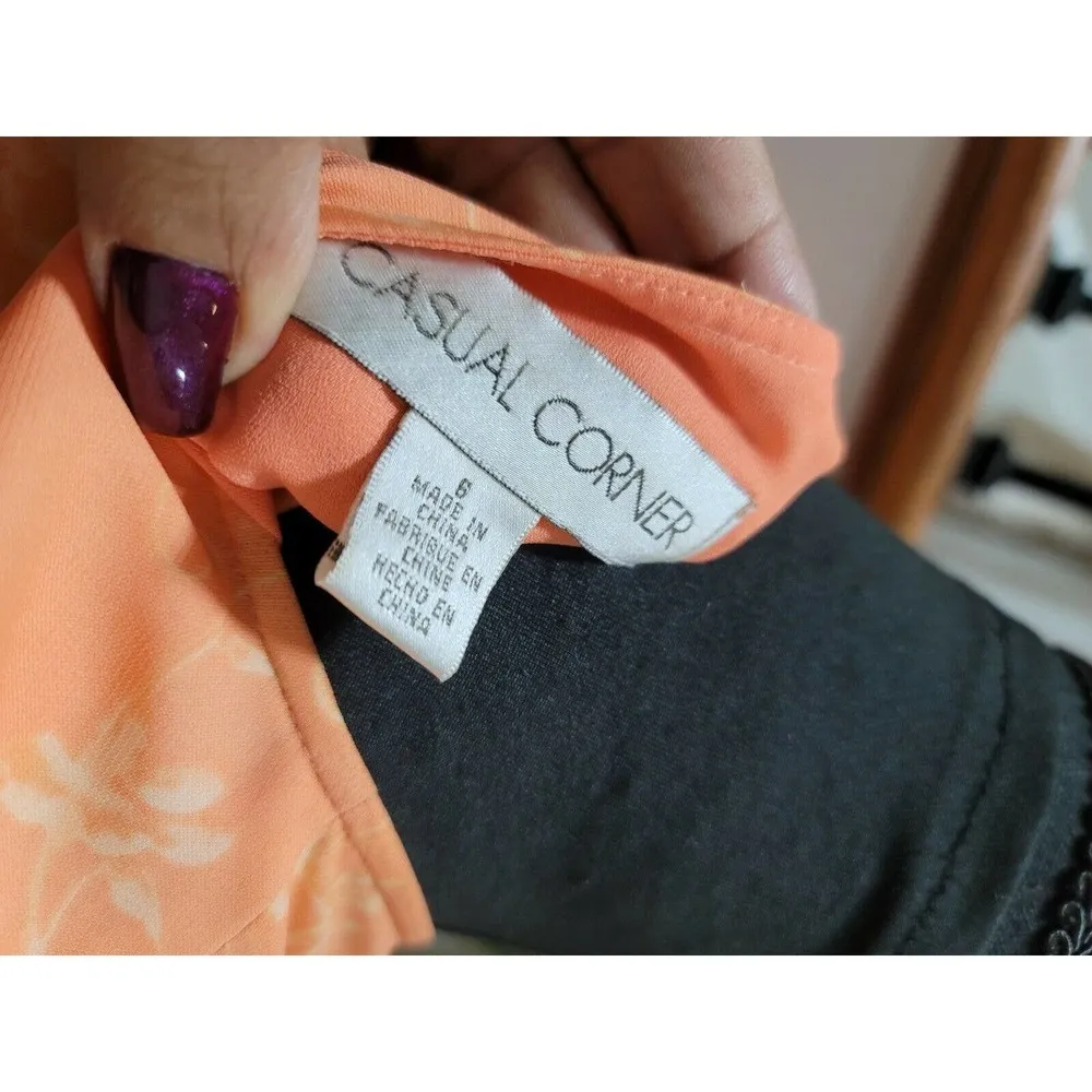 Casual Corner Women's Orange Floral 100% Silk Top & Skirt 2 Piece Suits Size 6 - Image 8