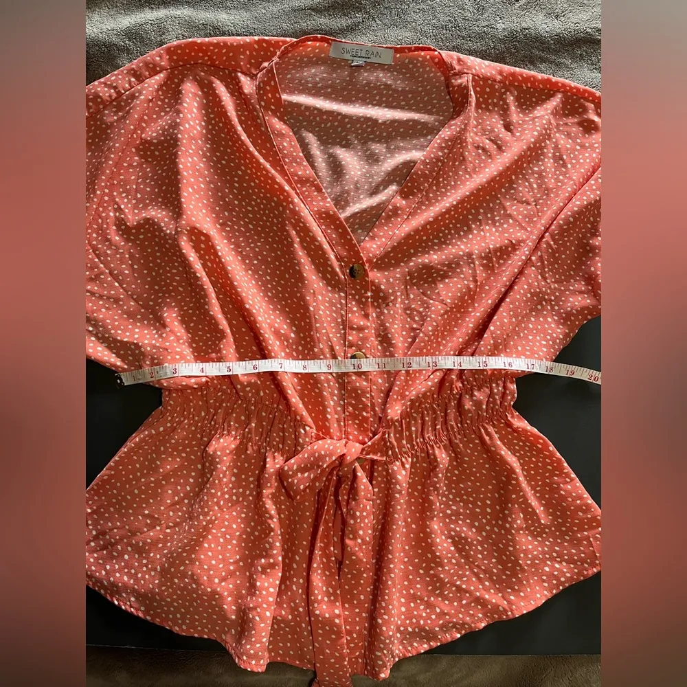 SWEET RAIN Spotted Tie Waist Button Down Short Sleeve Blouse Women’s Sz M NWOT - Image 6