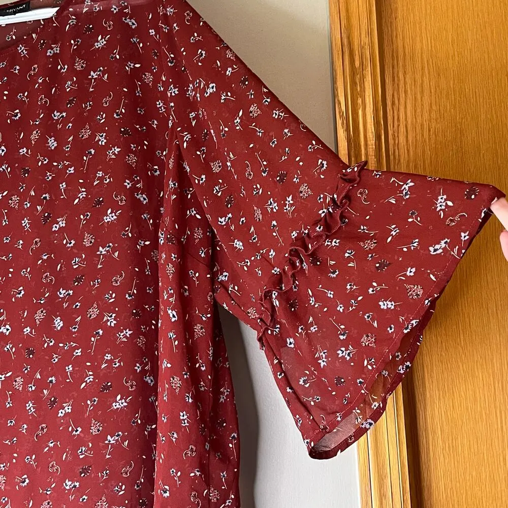 Lane Bryant Burnt Red Sheer Floral 3/4 Sleeve Blouse Size 26 - Image 7