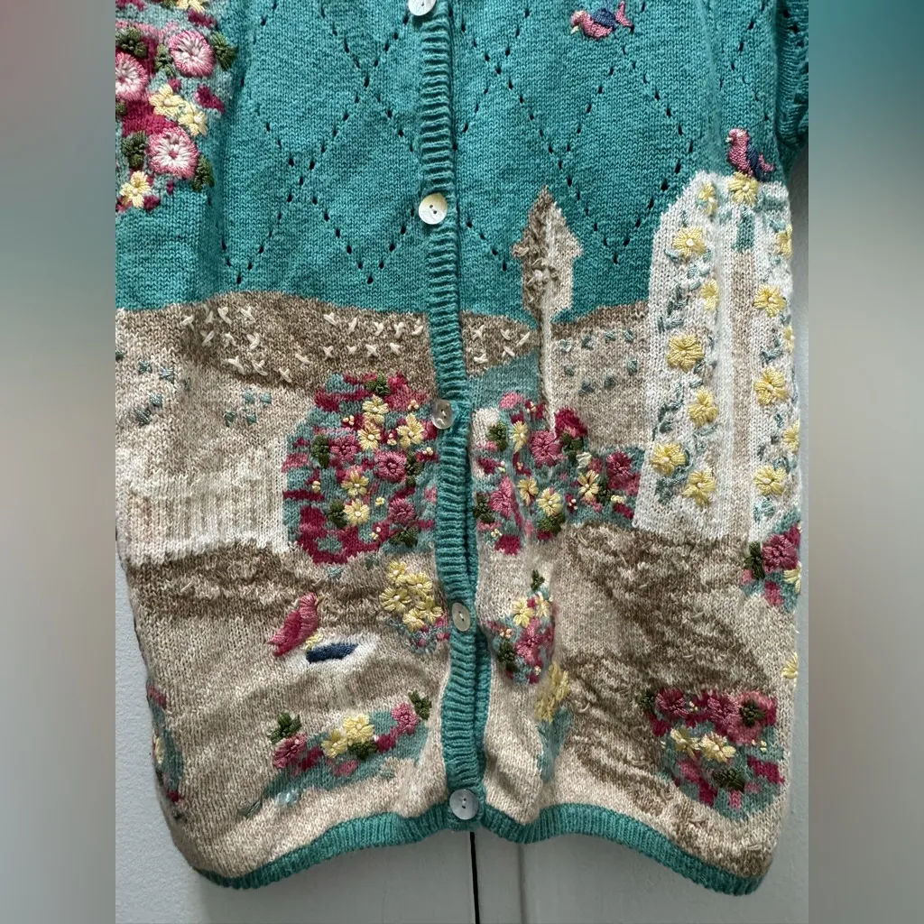 Jantzen Hand Embroidered Sweater Petite S Cottagecore Grannycore Short Slve - Image 2