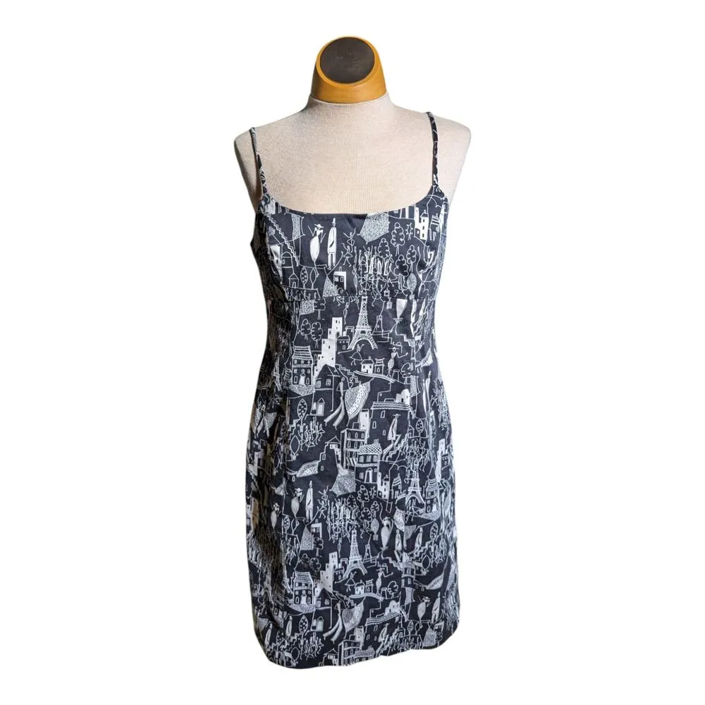 Vtg 1990s Nine West Black White Illustrated Paris City Print Mini Dress Sz 8 - Image 2