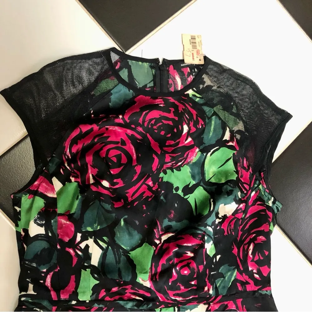 NWT  Daring Rose Silk Sheath Mini Dress Sheer Mesh Panels Floral 8 - Image 7