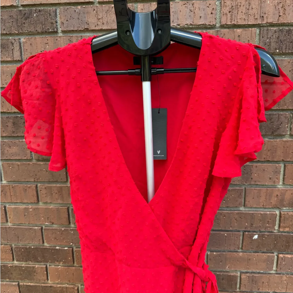 Lulus Much to Celebrate Red Swiss Dot Flutter Sleeve Wrap Mini Dress Size Small - Image 2