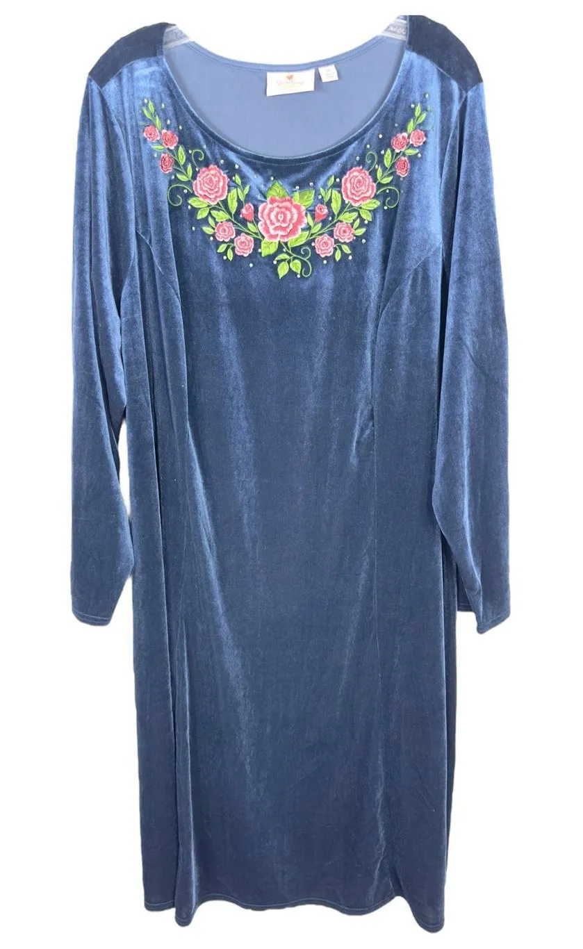 Quacker Factory Plus Size 3X Dress Blue Velvet Embroidered Rhinestone Midi 465 - Image 1