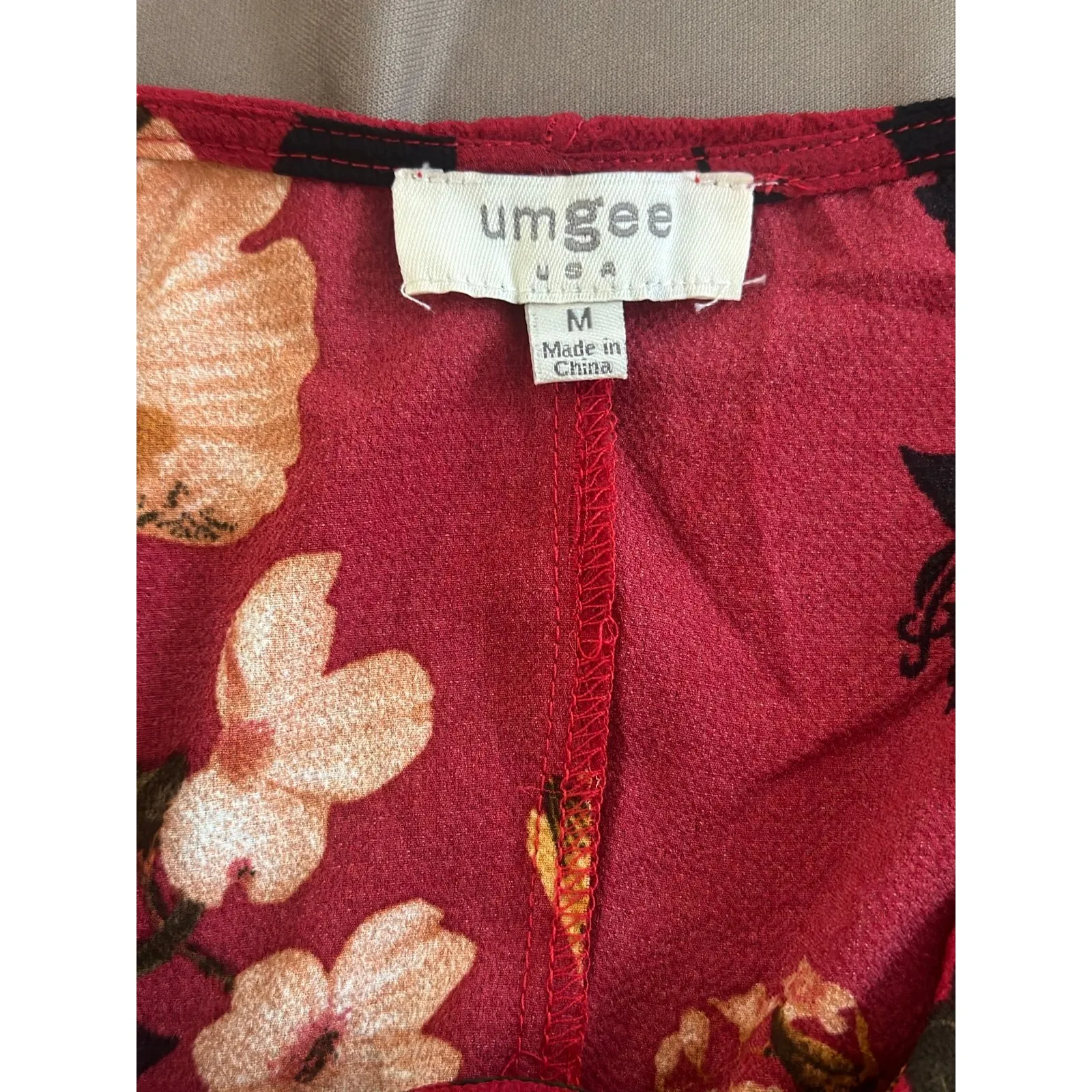 Floral Tie Front Blouse Burgundy Red Long‎ Sleeve V Neck Top - Image 5