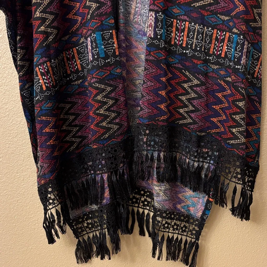 Meraki Multicolor BLACK Patterned Kimono Sweater Poncho Size LARGE Lace Fringe - Image 5