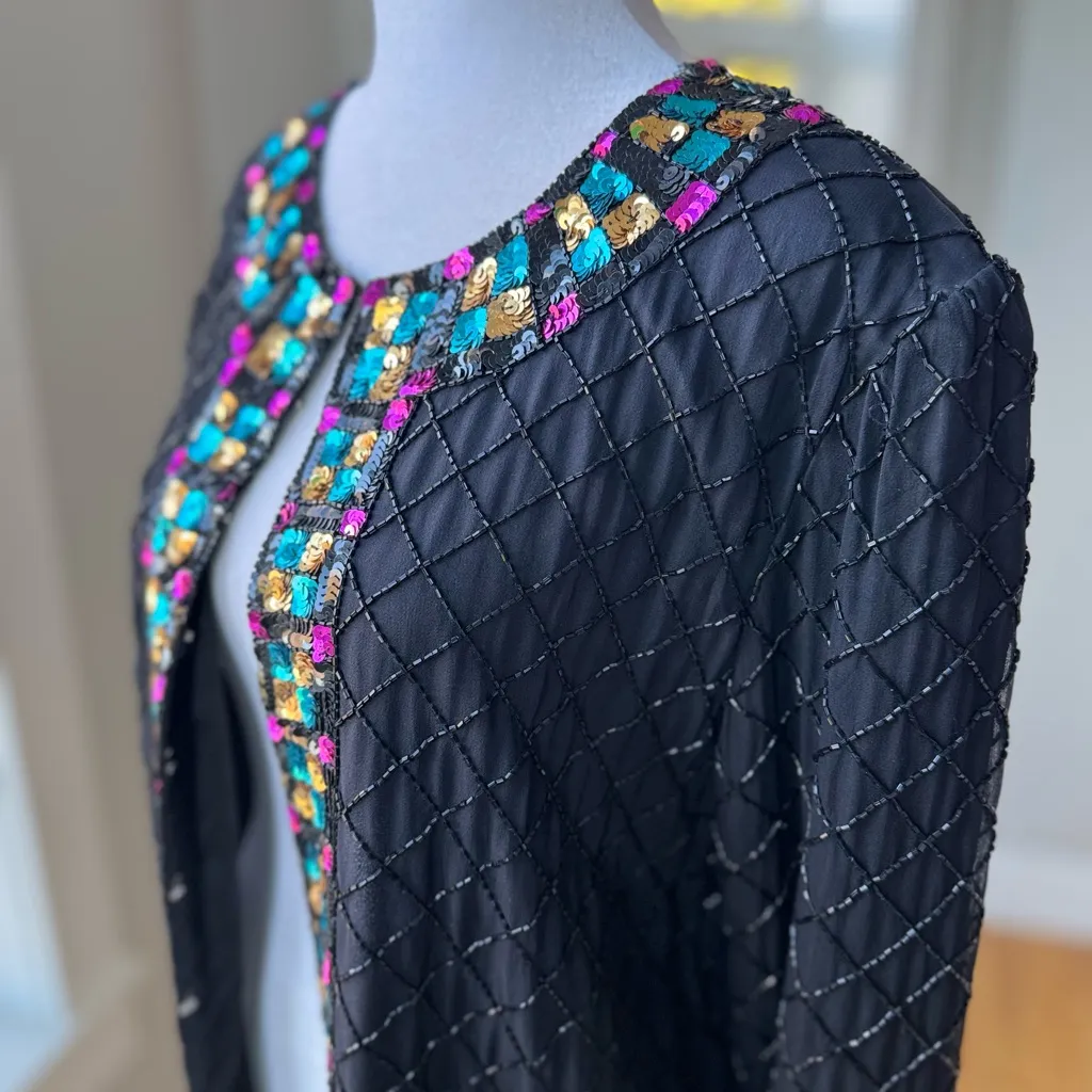 Vintage Royal Feelings Black Silk Beaded Sequin Jacket Jewel Tones Size Medium - Image 7