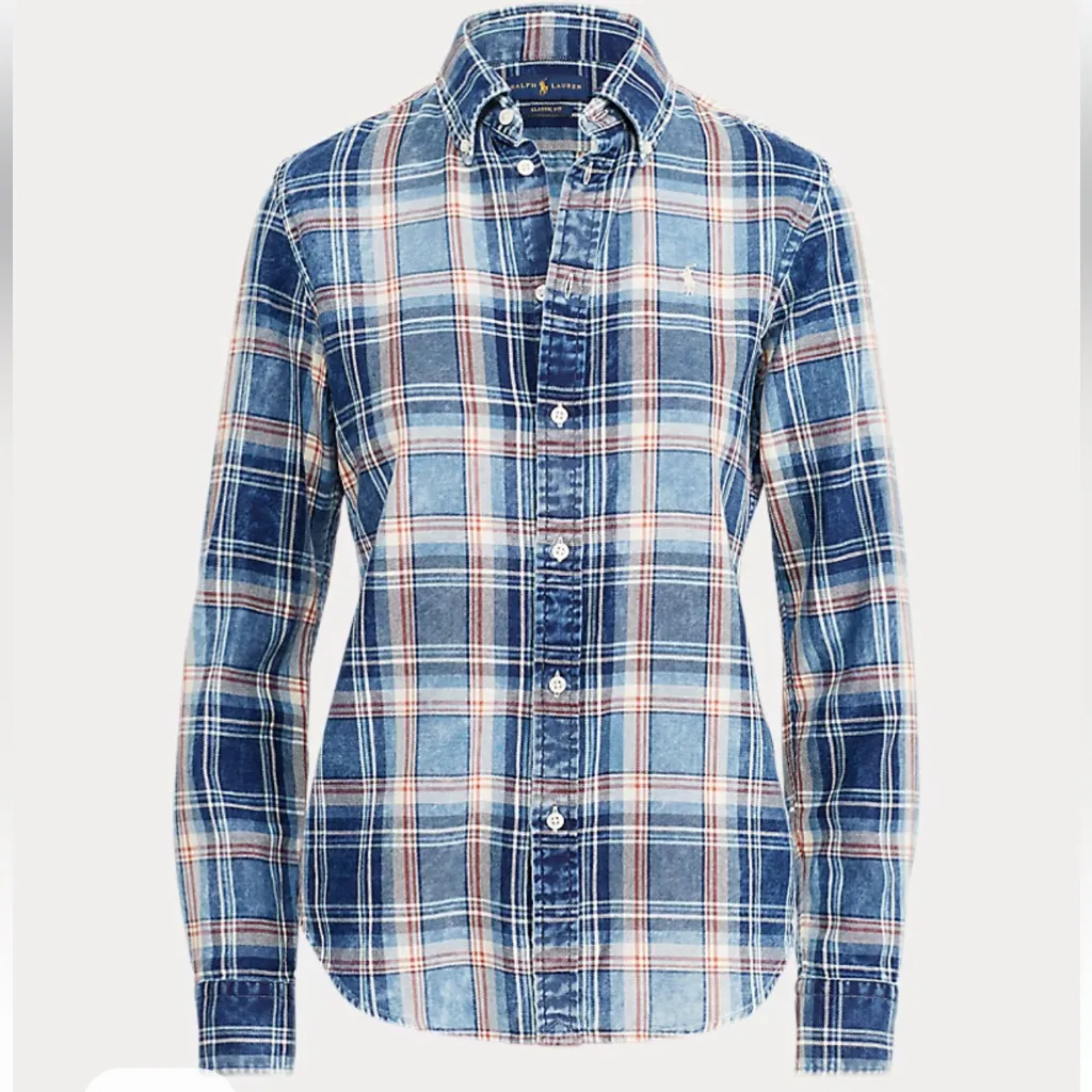 Ralph Lauren classic fit cotton plaid 835 indigo red washed rustic plaid shirt - Image 2