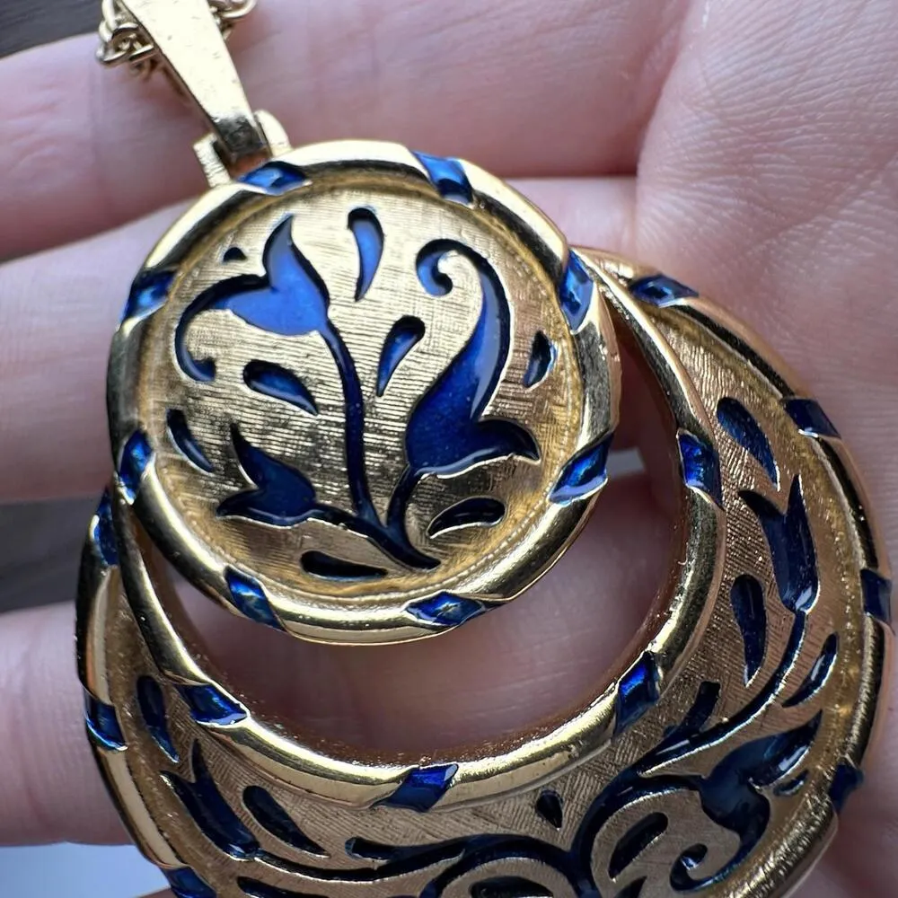 Crown Trifari L'ORIENT Necklace Pendant Blue Enamel Gold Tone Vintage Signed - Image 8