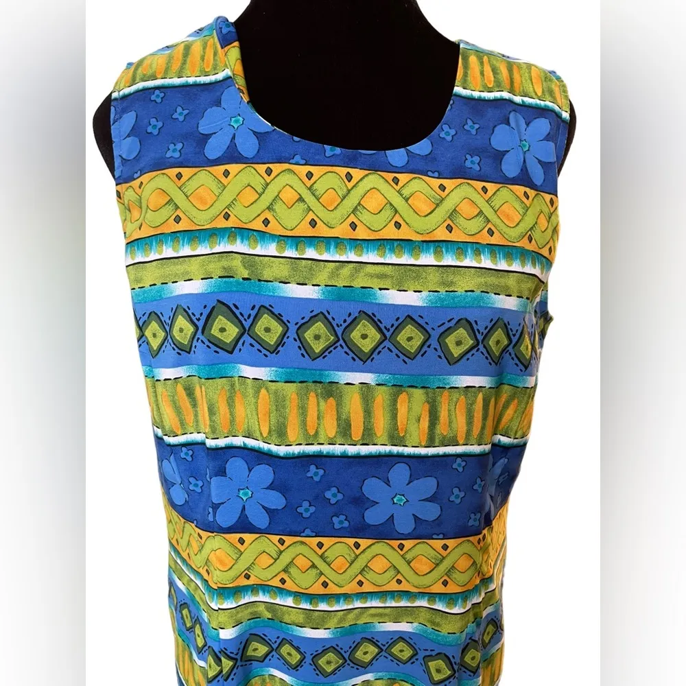 Miss Dorby Vintage 90s Bright Funky Hippie Geometric Floral Striped Button Dress Size 12P - Image 2