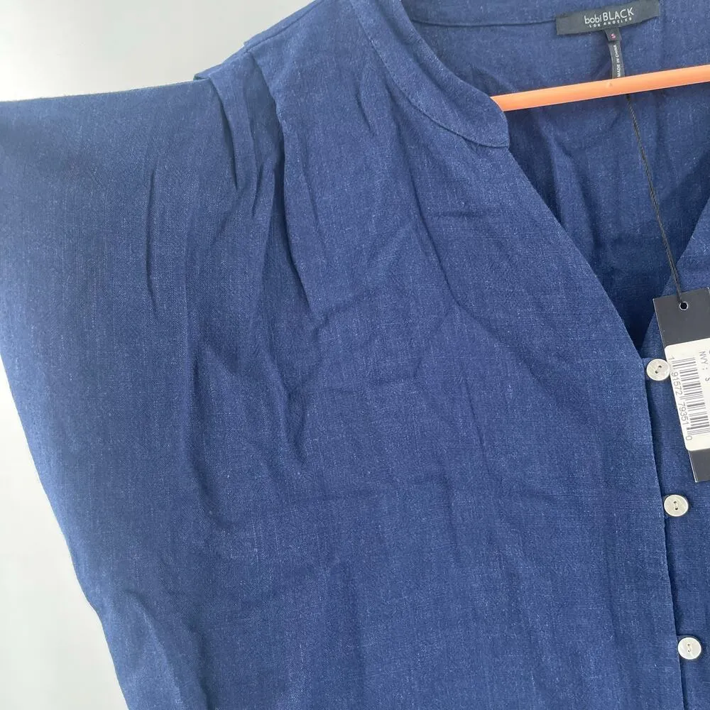 BOBI BLACK Blouse Small Linen Blend Navy NWT Button Down Dolman Style Casual - Image 9