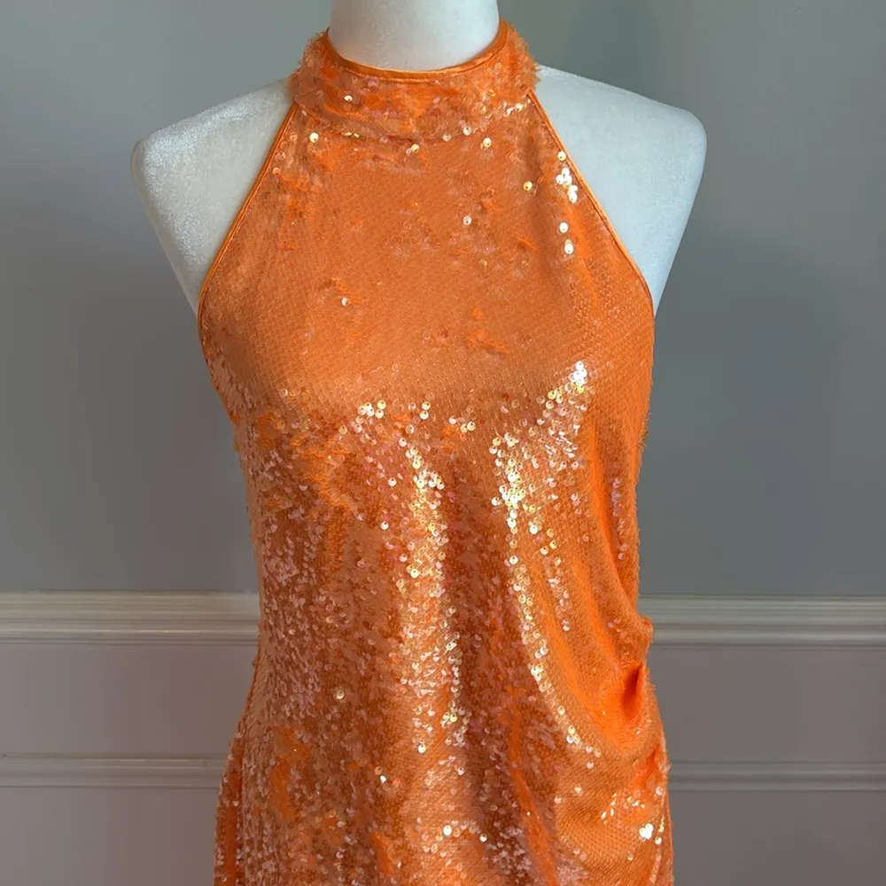 NWT Caroline Constas Orange Sequin Halter Midi Dress Size M Formal Open Back Size M - Image 4