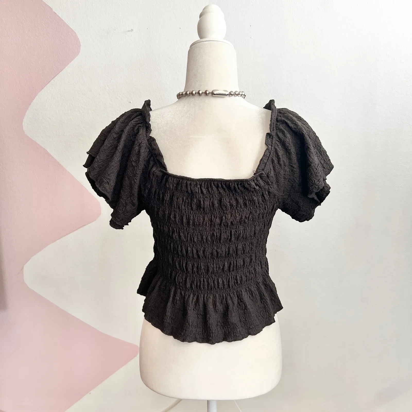Black Smocked Puff Sleeve‎ Top, Fairy Grunge Y2K 2000s Gothic Coquette Small - Image 2