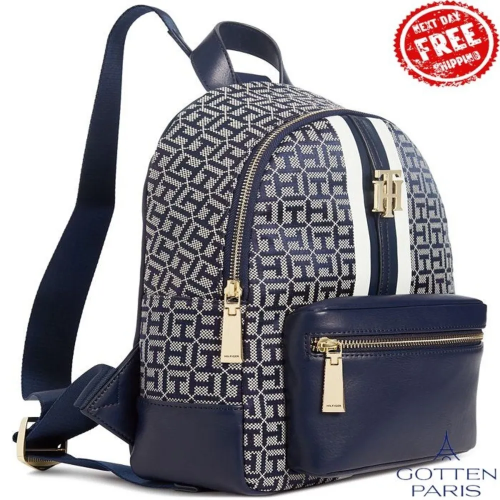 Jaden Plus Signature Monogram Backpack Navy/White Women's Bag - Image 6