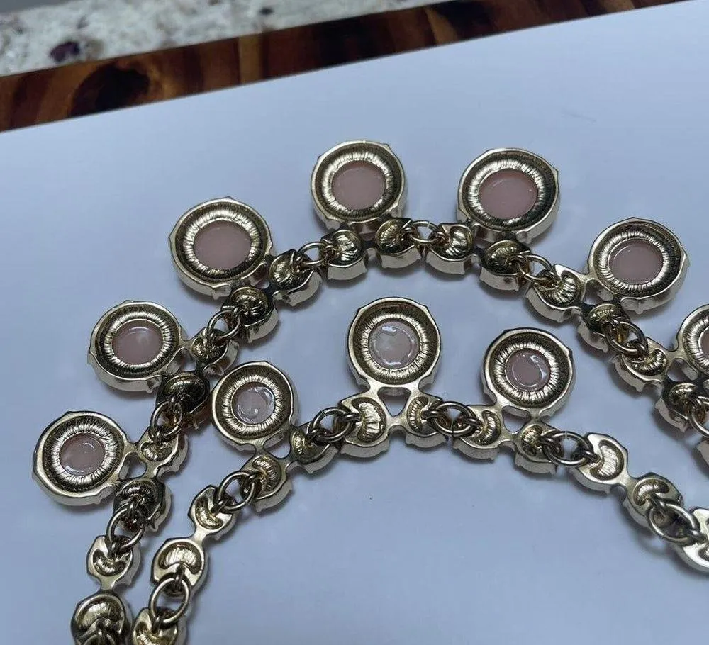 Signed T - Talbots Statement Costume Necklace Gold Tone / Pink Double Strand Bib - Image 8