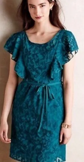 Anthropologie Moulinette Soeurs NWT Teal Green Fluttered Scrollwork Mini Dress - Image 1