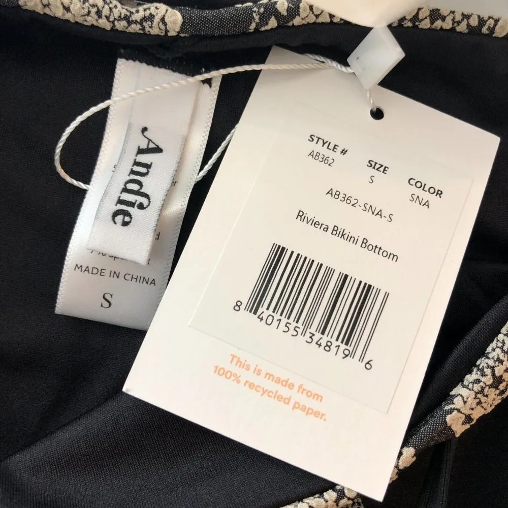 Andie Swim The Riviera Bikini Bottom Belted Stretch Snake Print Beige Black S - Image 5