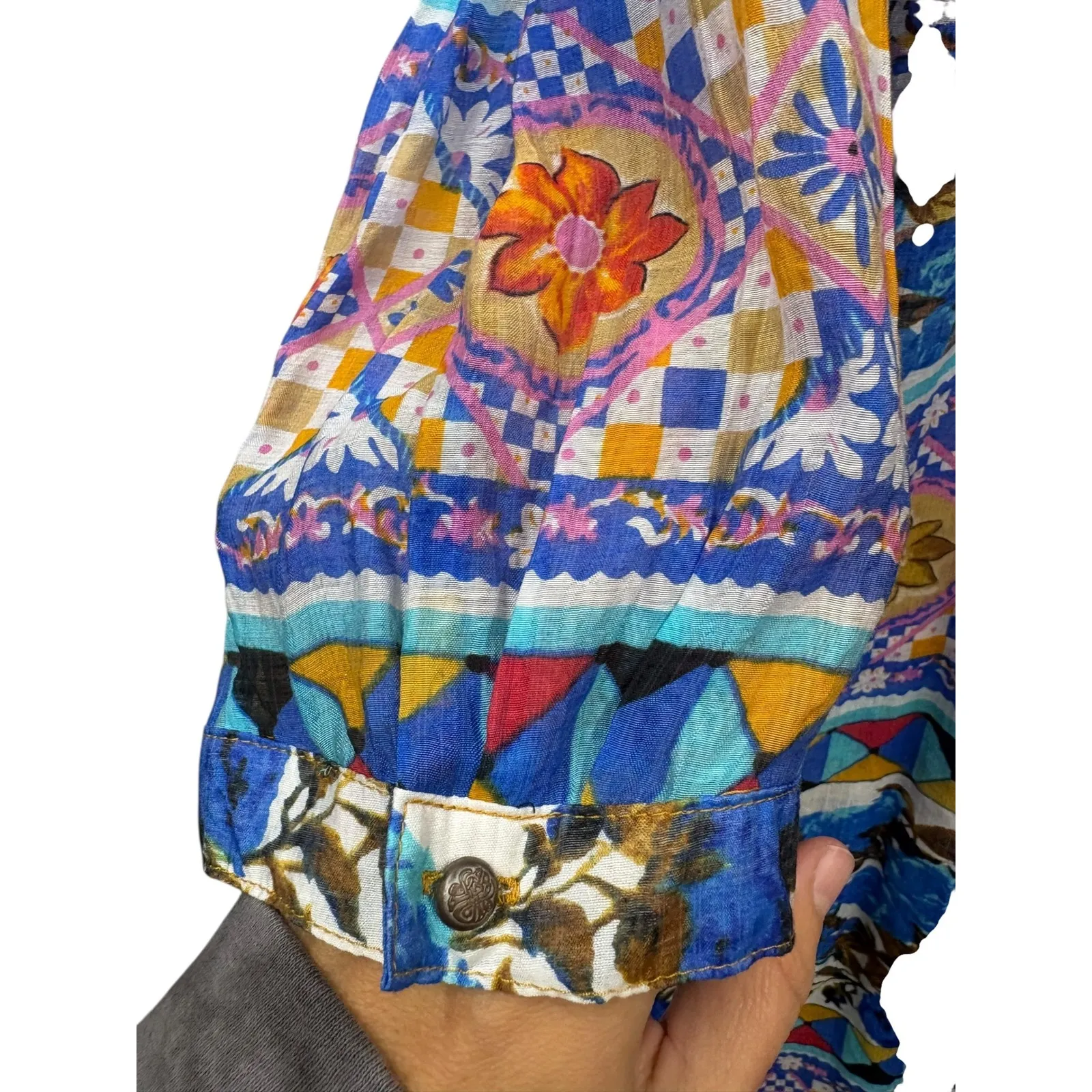 PEARLS By Aratta Los Angeles Women's Boho Floral Print V Neck Tunic Dress XL Blue - Image 9