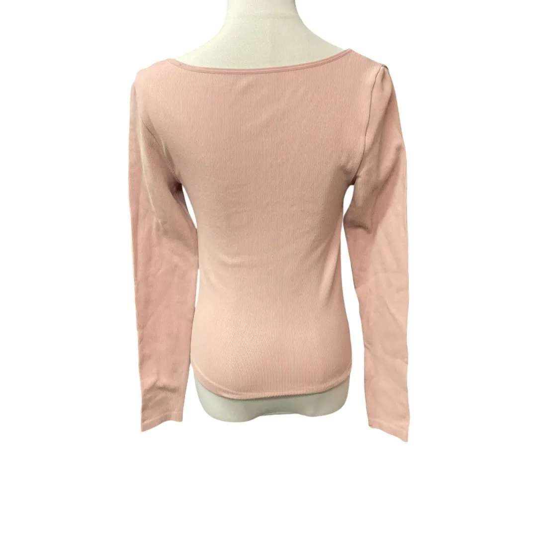 Elodie Ribbed Square Neck Long Sleeve Trendy Chic Style Top Pink Size L / XL - Image 4