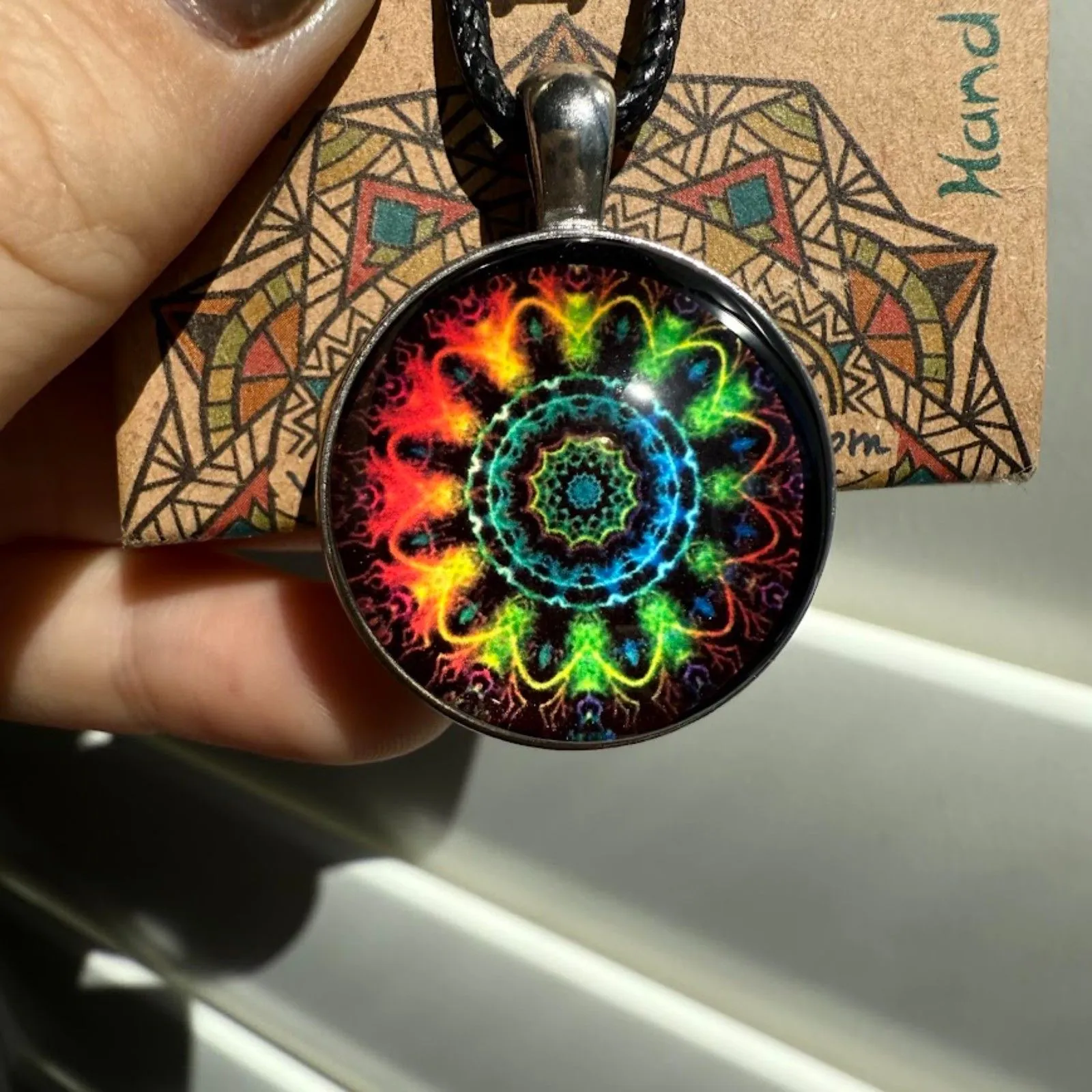 Carla Mandala Rainbow Glass Round Pendant Necklace in Black & Silver NWT - Image 4