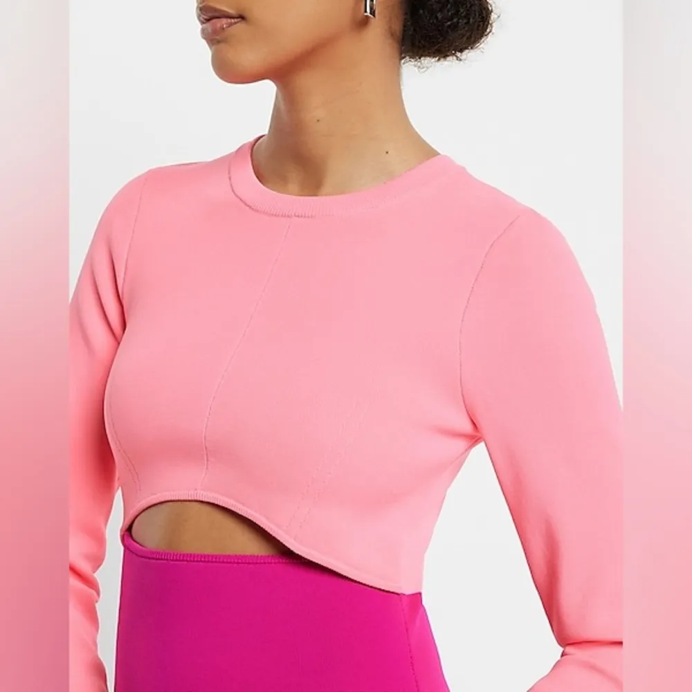 Express Body Contour Long Sleeve Color Block Cutout Mini Sweater Dress pink sz L - Image 3