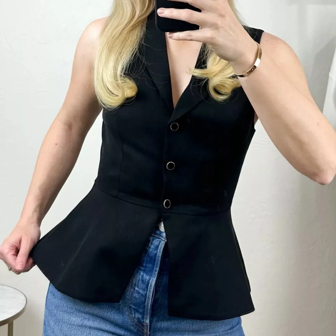 Reformation |‎ Oakley Peplum Collared Fitted Vest with Velvet Buttons in Black - Image 6