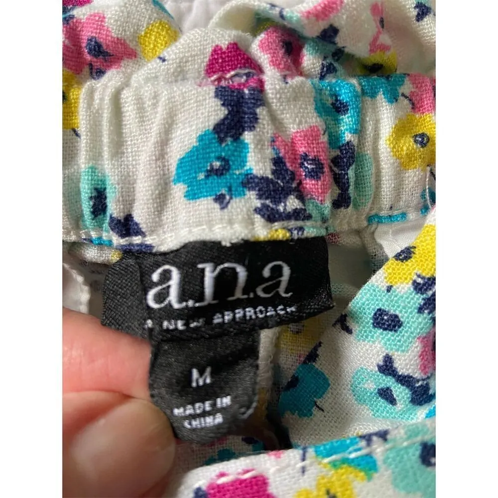 A.N.A. Floral Print Shorts Size M Linen Blend Multicolor Elastic Waistband​ - Image 4