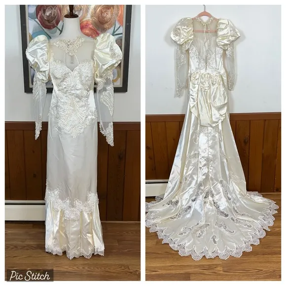 Elegant Vintage 1980s/90s Satin Sheath Wedding Gown! White Size 8 - Image 2