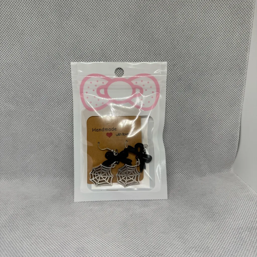 Handmade Bow and Spider Web Earrings Silver - Image 2