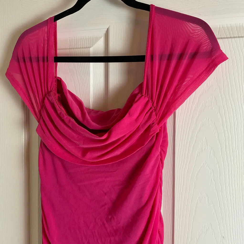 Women's Off The Shoulder Dresses Ruched Fitted Midi Bodycon Dress size large Pink - Image 7