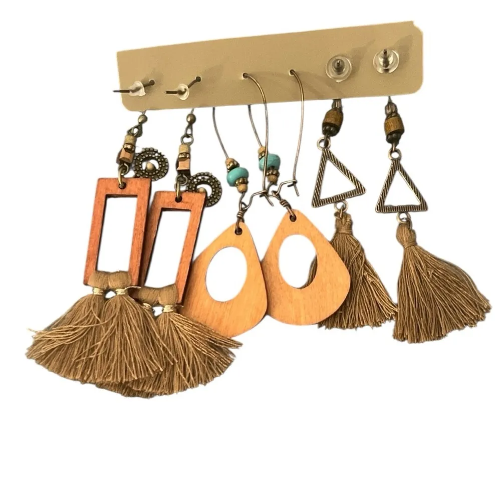 NWOT Lot of 3 Bohemian Wood Metal Tassels Dangle Earrings Brown - Image 5